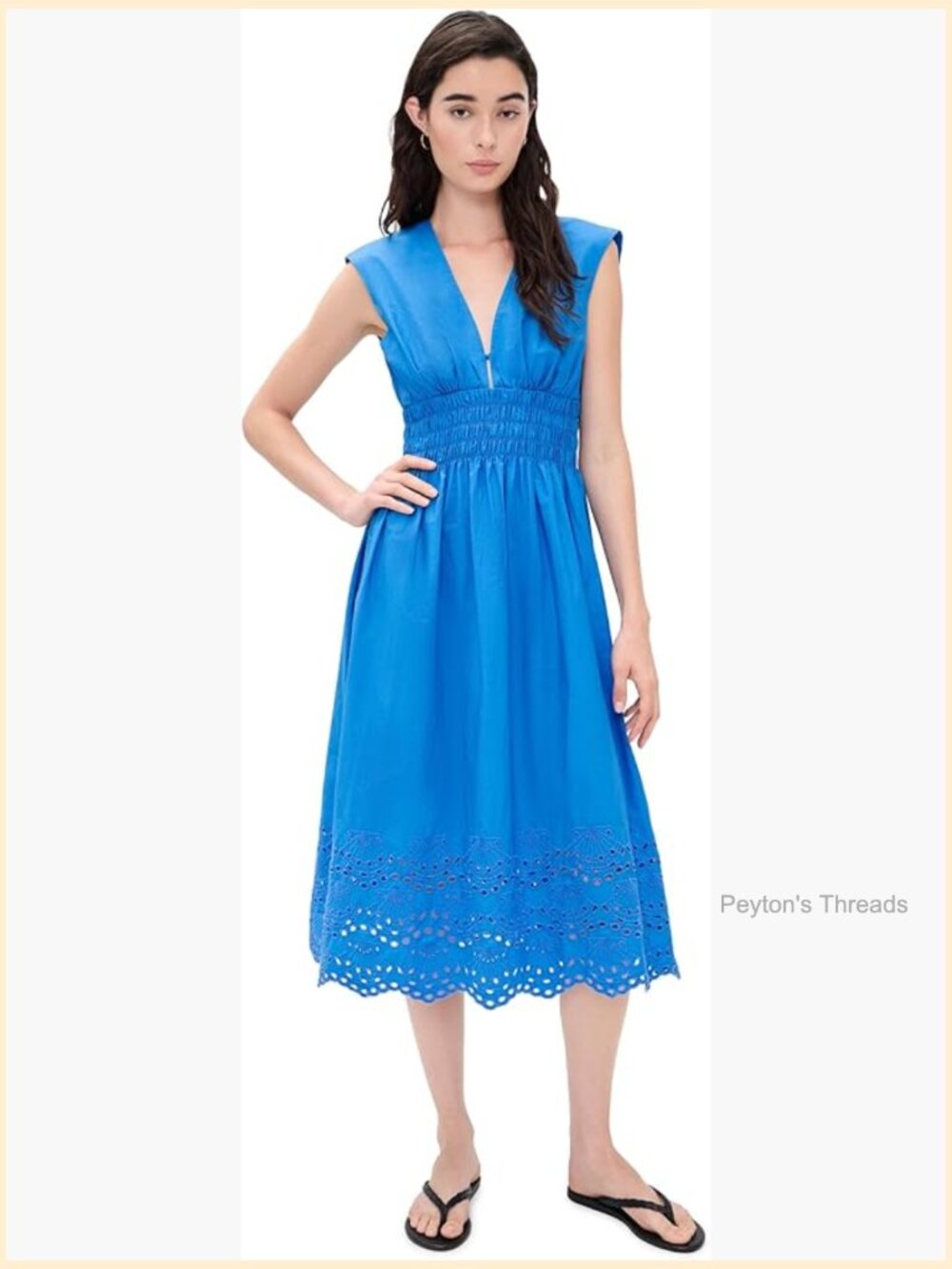 Eyelet Smocked Midi Dress with Pockets Lined Bodice